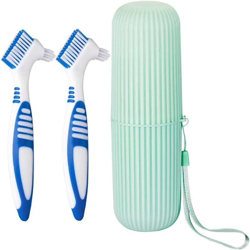 Anbbas 2pcs Double Bristle Head Denture Brush Dental Cleaning Brush with Portable Toothbrush Cup Holder, Properly Clean Oral Appliance - Image 1